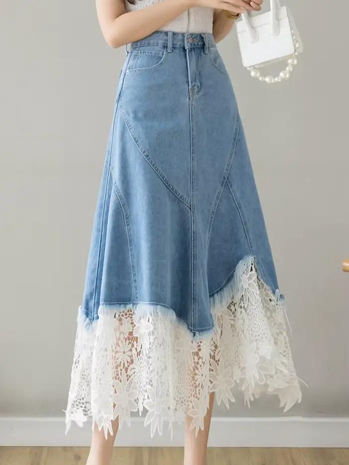 Jupe en jean évidée en dentelle patchwork vintage pour femmes, mode coréenne, taille haute, midi, denim, fermeture éclair, décontracté, élégant