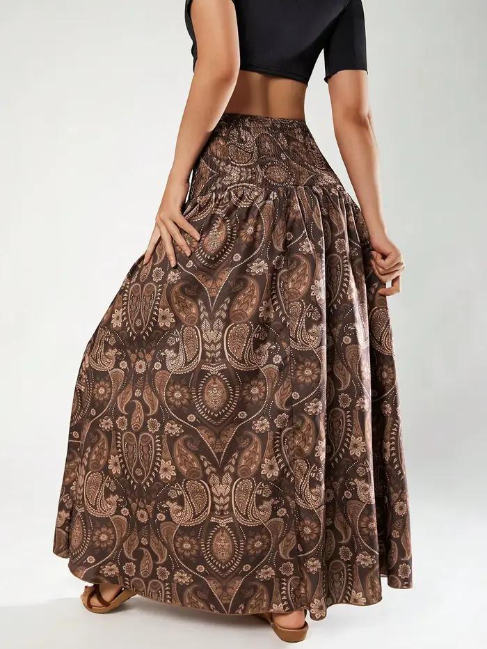 Jupes pour femmes, jupes smockées à taille haute, imprimé paisley, fluides, évasées, bohèmes, décontractées, maxi