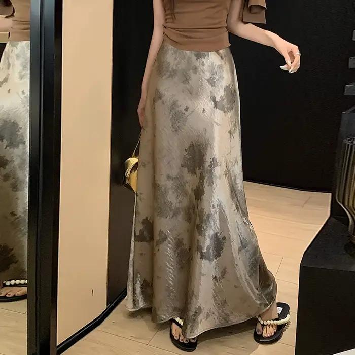 Jupe sirène en satin imprimée vintage taille haute pour femme