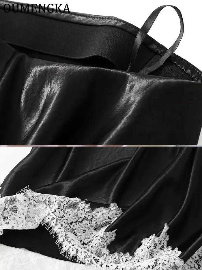 OUMENGKA été français élégant Satin sirène jupe femmes dentelle Patchwork taille élastique longue a-ligne jupes mode dames