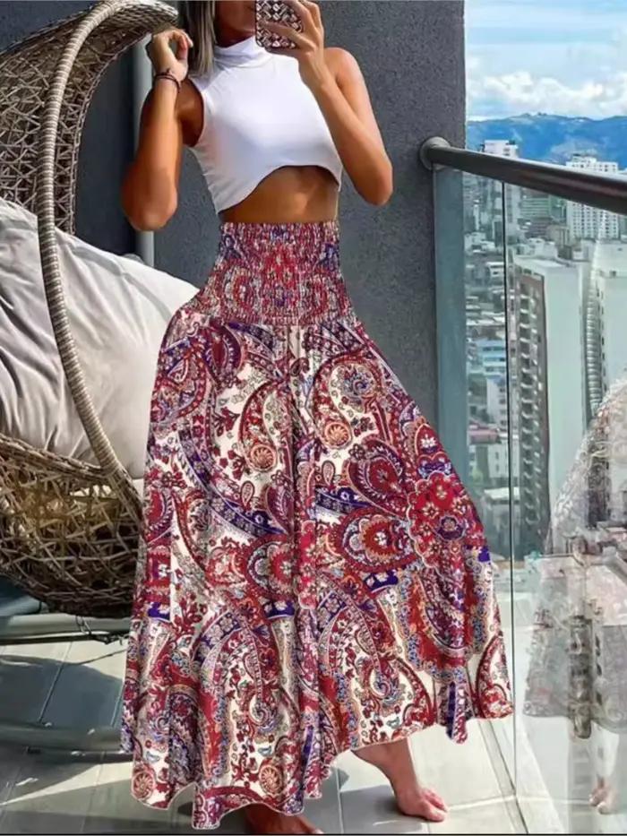 Femmes mode imprimé fleuri jupe décontracté taille haute jupes longues amples