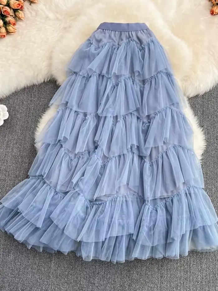 Tutu Tulle jupes longues femmes 2024 printemps coréen solide une ligne taille haute maille à plusieurs niveaux Maxi jupe femme Faldas esthétique