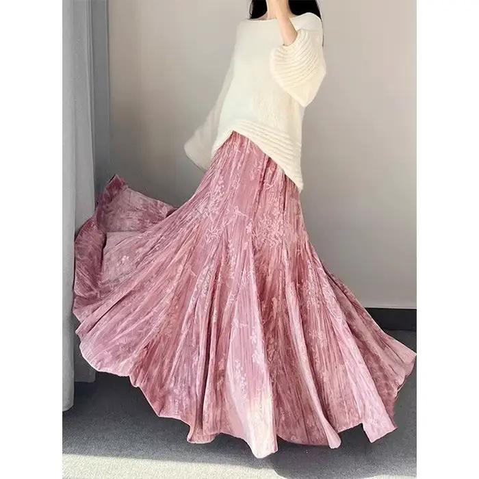 MEXZT Vintage velours jupe longue femmes élégant imprimé noir Maxi jupes hiver Harajuku coréen élastique taille haute une ligne Faldas