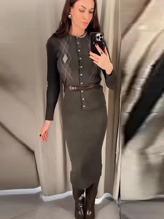 Ensemble jupe Cardigan tricoté à carreaux pour femmes