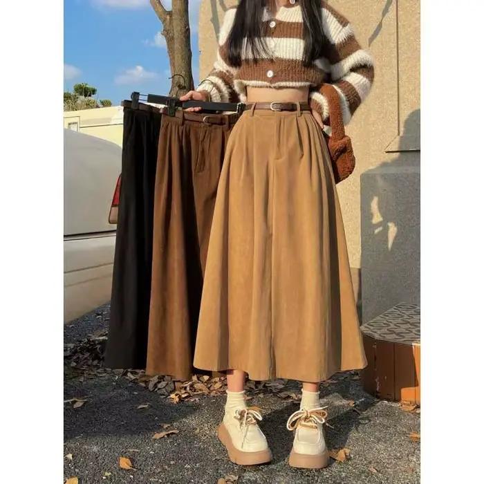 Jupe Vintage Printemps-Été en Velours Côtelé pour Femme