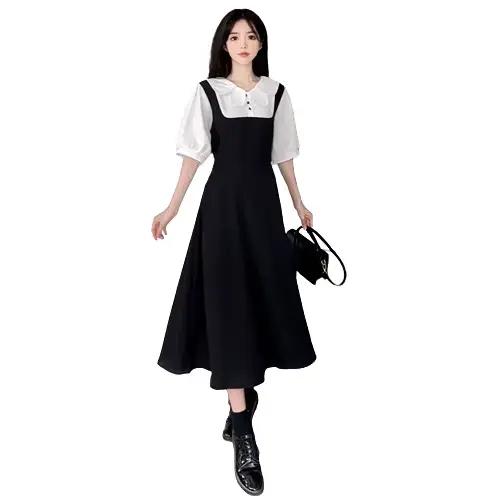 Robe longue trapèze à col Claudine de style français, taille haute, coupe ajustée, manches courtes, pour femme, style basique, patchwork, couleur unie