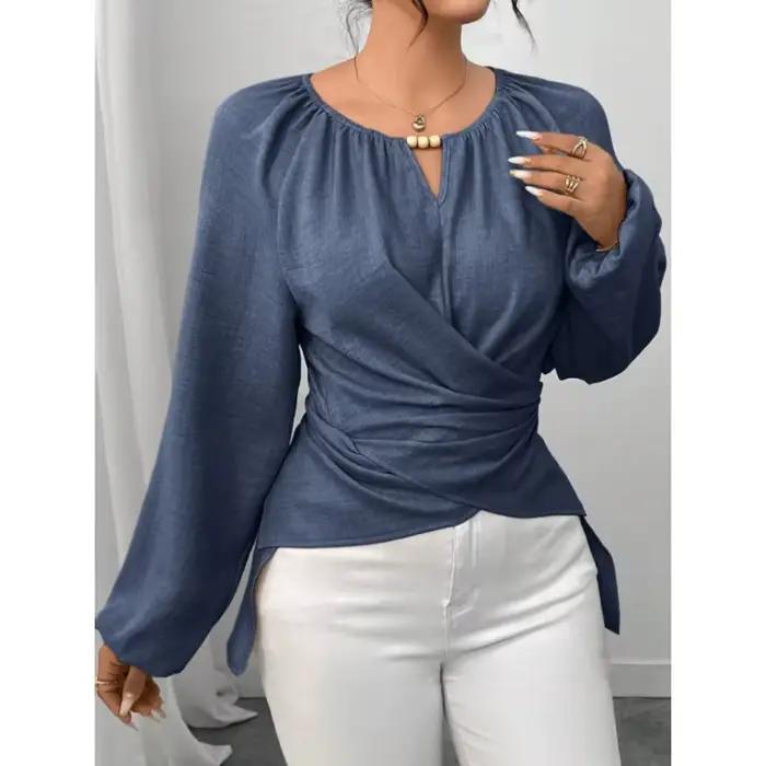 Chemisier élégant pour femme à col rond, détails perlés, manches longues lanternes, taille froncée, coupe ajustée, chemise texturée décontractée pour le quotidien