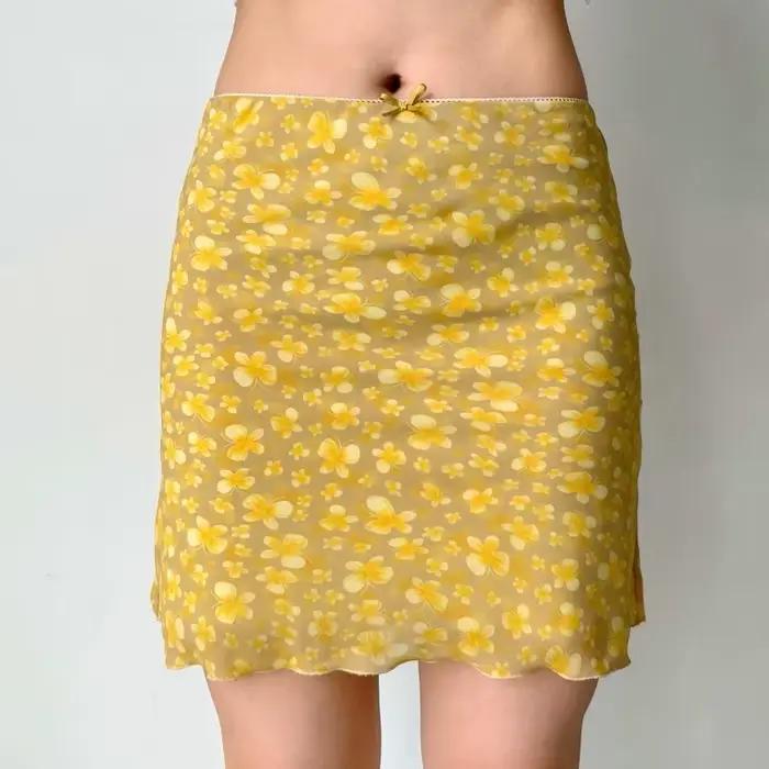 Jupe trapèze sexy rétro américaine jaune à imprimé papillon pour femme