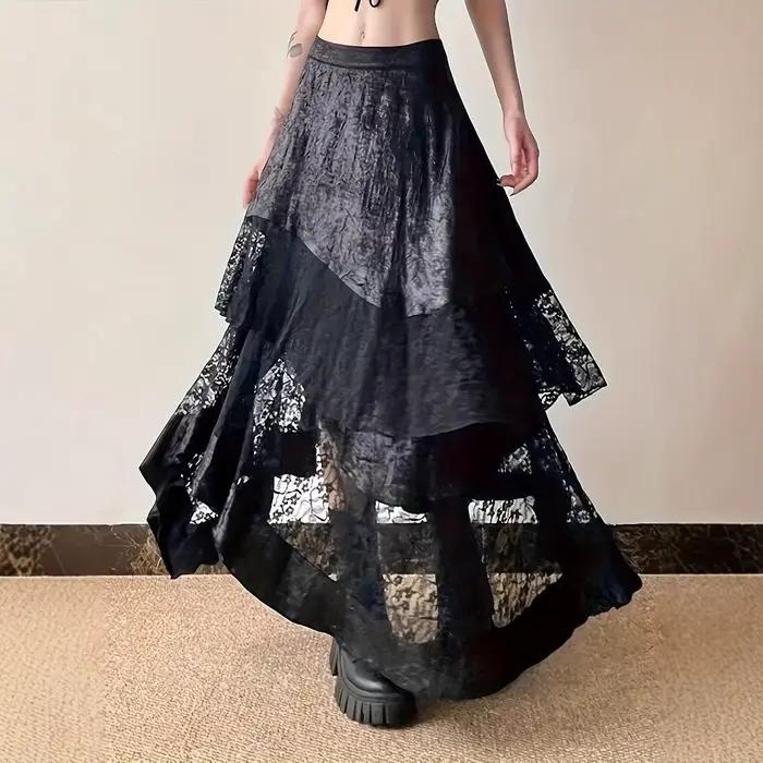 Jupe mi-longue gothique Vintage noire, esthétique Y2k, dentelle irrégulière, Style français, élégante, décontractée, Design Chic pour femme