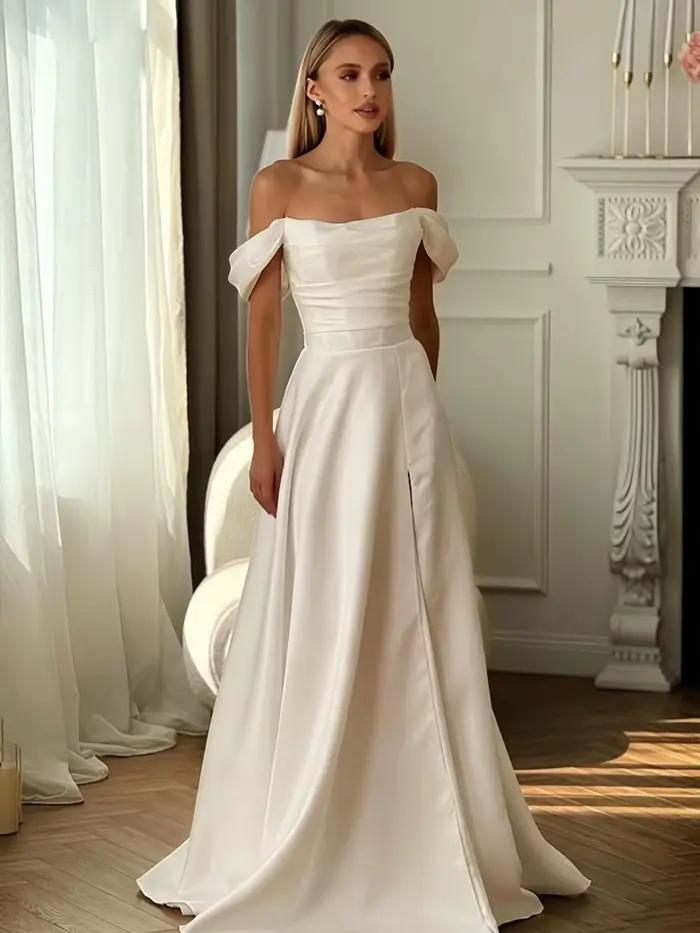 Robes de mariée simples en satin pour femmes, robes de mariée longues à épaules dénudées avec fente, robe de mariée élégante, personnalisée