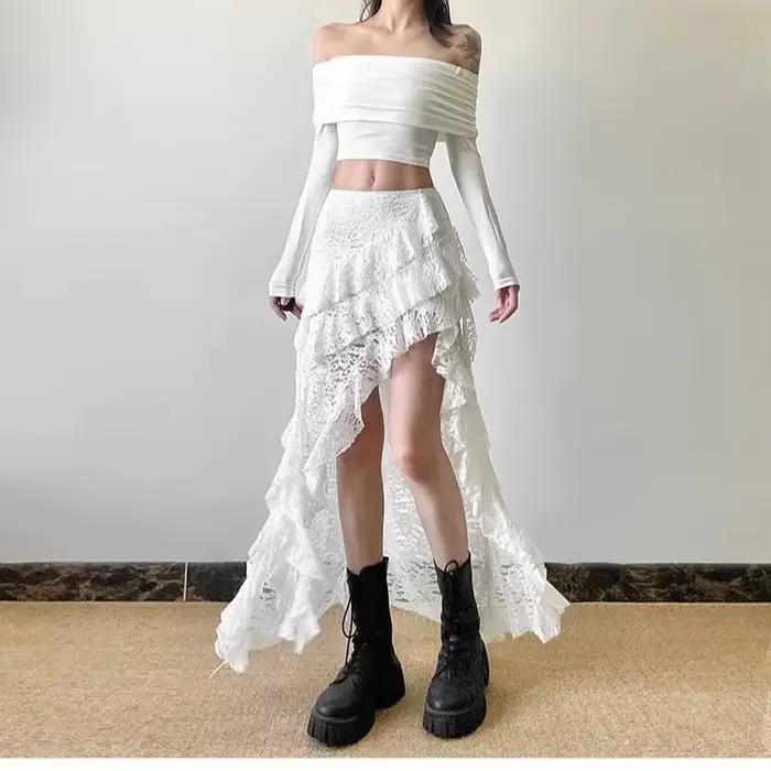 Jupe longue taille haute en dentelle douce blanche cousue à ourlet à volants pour femme