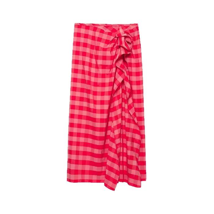 Jupe midi amincissante asymétrique à carreaux rose bonbon