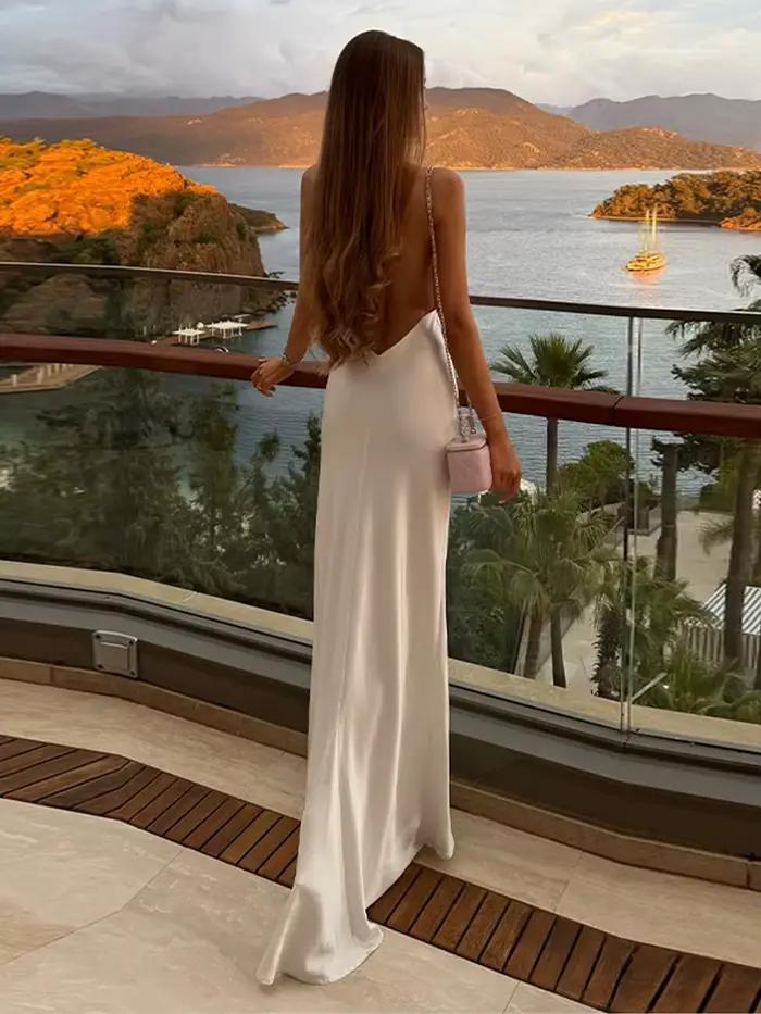 Nouvelle Robe Longue Élégante en Satin pour Femme, Dos Nu, Fente Haute, Col en V, Sans Manches, pour Soirée et Cérémonie, Été 2026, Unie, Coupe Ajustée