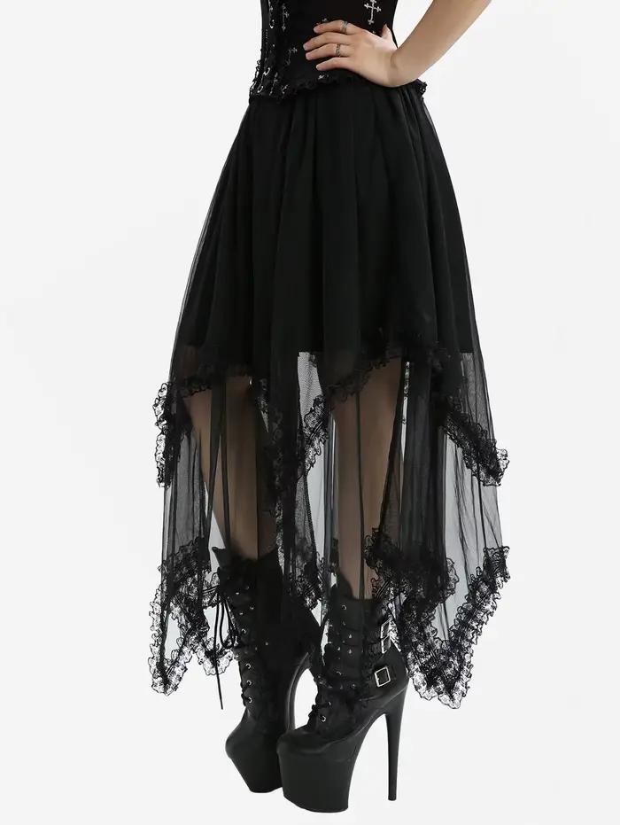 Nouvelles jupes gothiques avec mouchoir pour femmes – Jupe mi-longue asymétrique noire avec bordure en dentelle et taille élastique