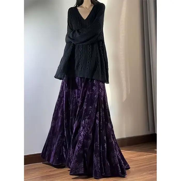 MEXZT Vintage velours jupe longue femmes élégant imprimé noir Maxi jupes hiver Harajuku coréen élastique taille haute une ligne Faldas