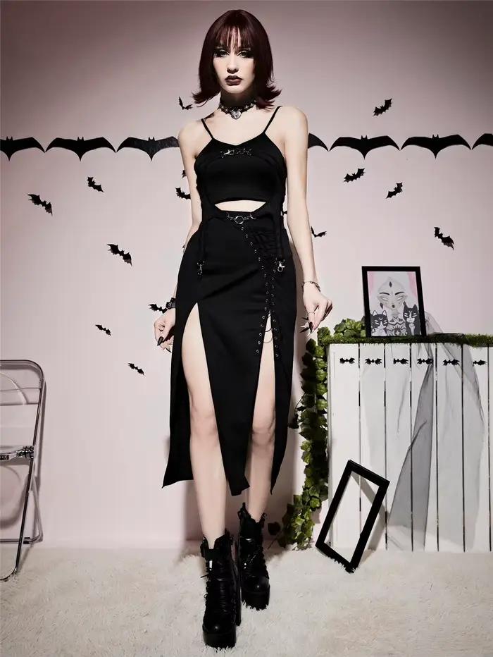 Jupe Rock pour femme, style gothique, fente haute, mi-longue, Harajuku, rétro, Kawaii, Y2K, vintage, noire, gothique, style coréen