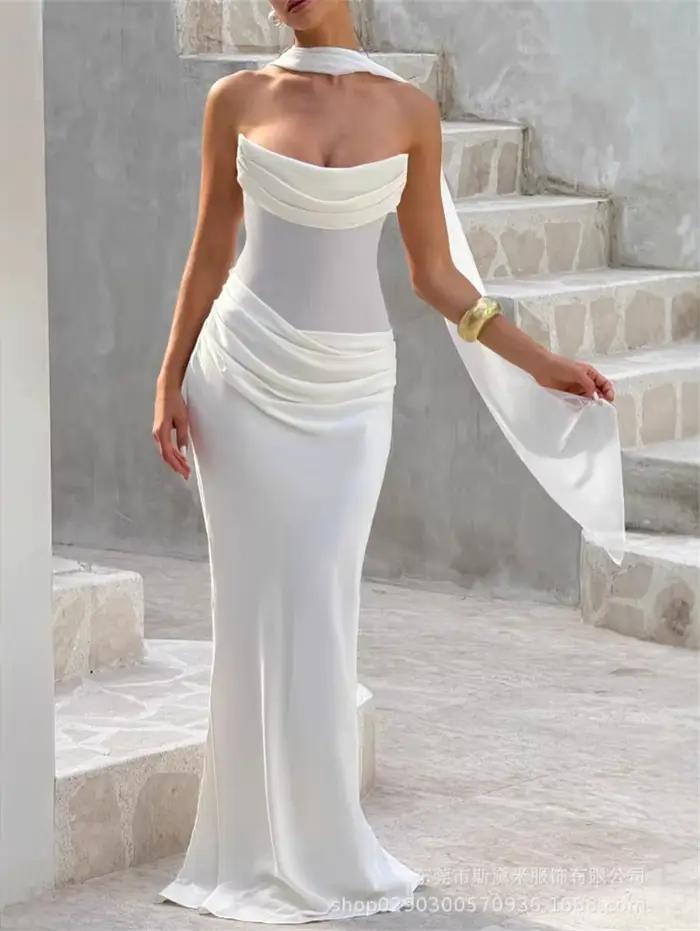 Robe de bal marron pour femmes, avec écharpe, Sexy, sans bretelles, sans manches, dos à lacets, longue Robe de soirée formelle et élégante, Robe d'anniversaire