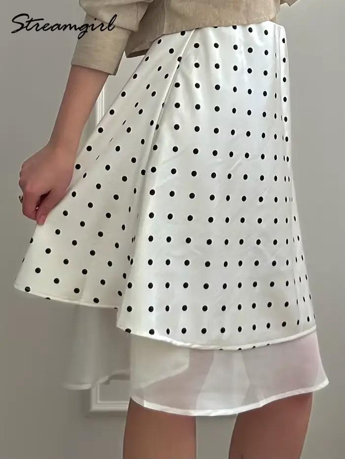 Jupe streagirl en satin à pois pour femme style vintage coupe trapèze mi-longue noir été office casual