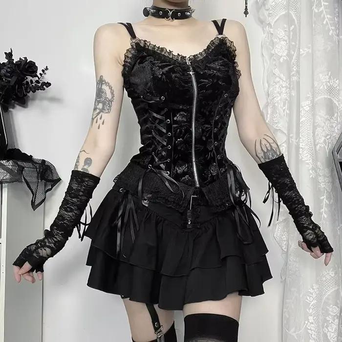 Mini jupe en dentelle noire à lacets croisés pour femmes