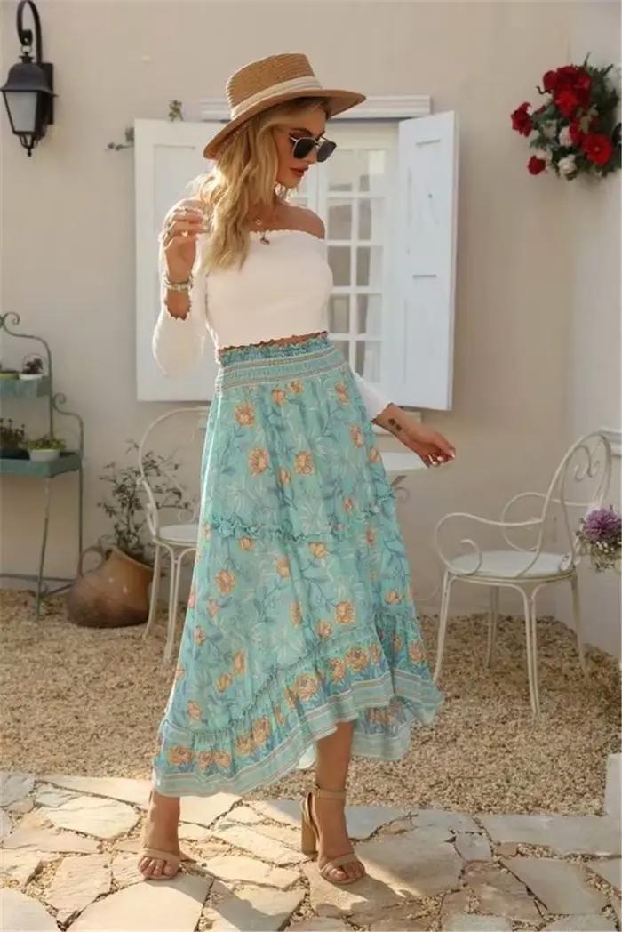 Jupe de plage vintage pour femmes, style bohème, imprimé floral paon, taille haute élastique, maxi, ligne A
