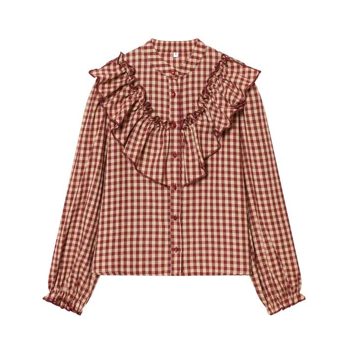 Chemises à carreaux pour femmes, nouvelle collection printemps-automne, chemisier à volants décoratifs, col rond, manches longues, chemises décontractées, chemisiers chics pour femmes