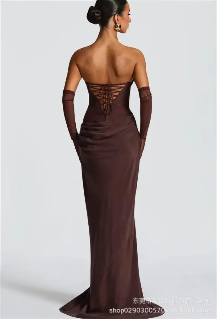 Robe de bal marron pour femmes, avec écharpe, Sexy, sans bretelles, sans manches, dos à lacets, longue Robe de soirée formelle et élégante, Robe d'anniversaire