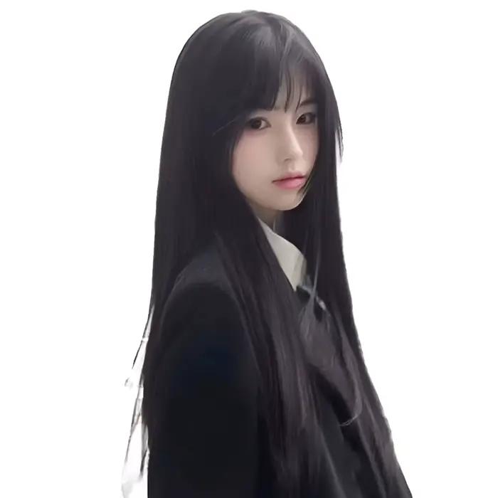 Perruque synthétique longue et lisse noire de 24 pouces avec frange pour femmes, couvre-tête complet, perruque de fête Cosplay naturelle Lolita pour cheveux longs