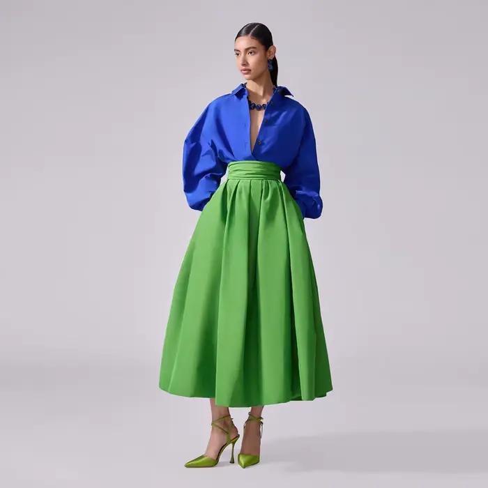 Jupe trapèze en Satin vert clair pour femmes, avec poches pliables, longueur cheville, jupe de soirée, de bureau, nouvelle collection