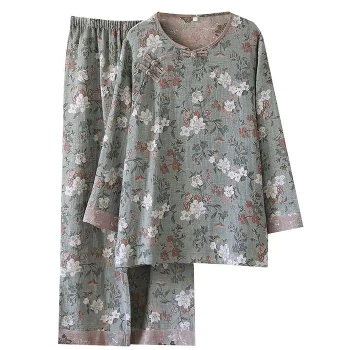 FjHome-Pyjama à manches longues pour hommes et femmes d'âge moyen, pyjama double couche, gaze teint en fil, jacquard fin double face