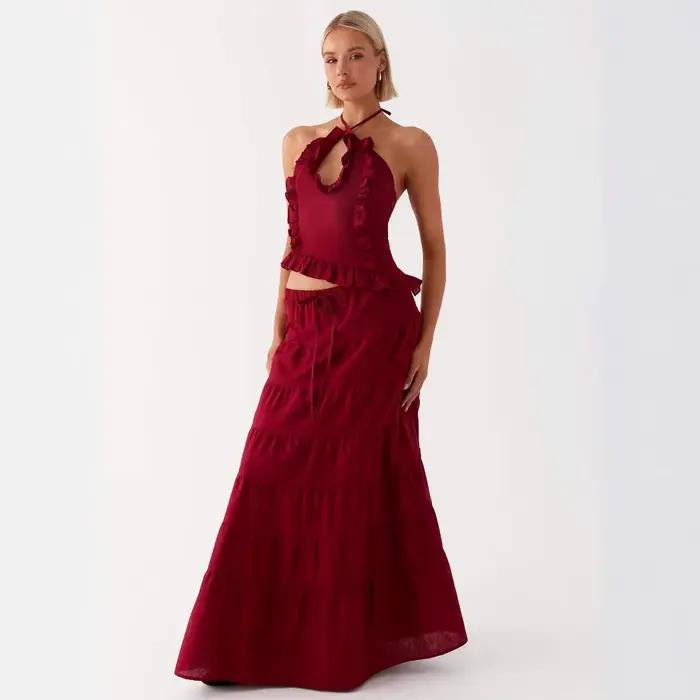 Jupe longue ample en coton pour femme avec ceinture