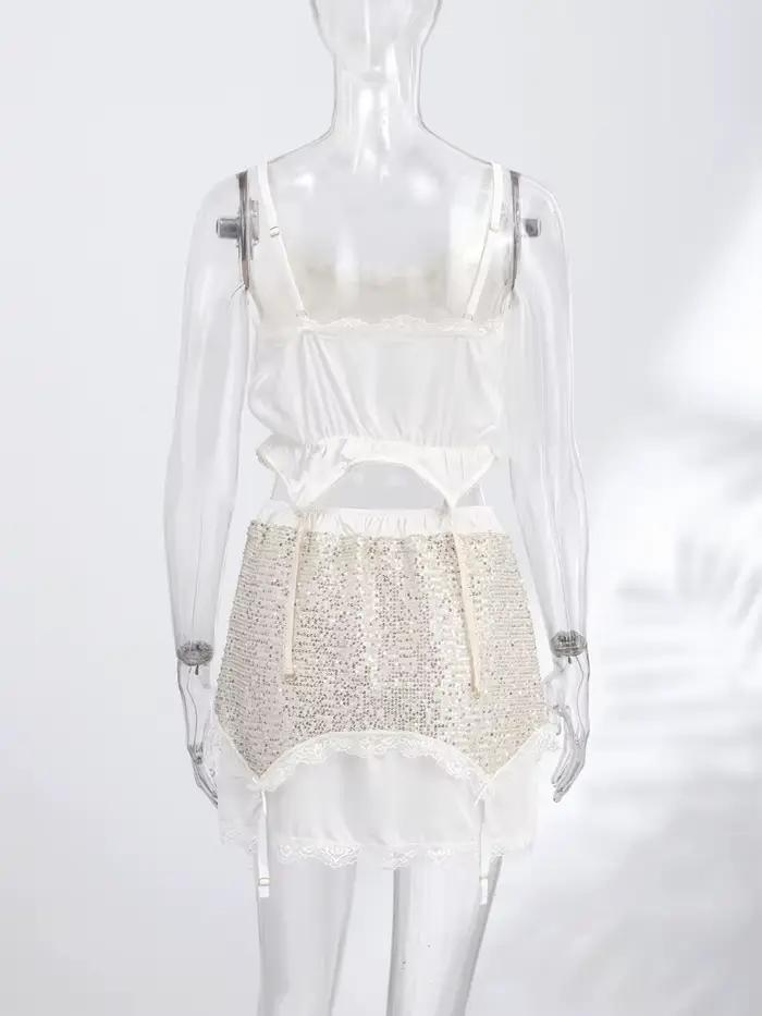 Nouvel ensemble jupe mini à sequins sexy et corset sans manches en dentelle patchwork pour femme