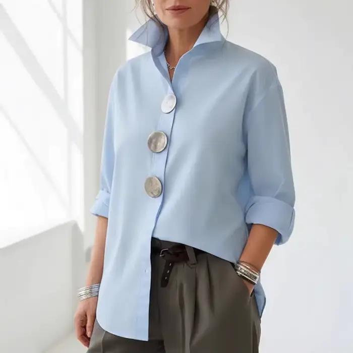 Chemise pour femme à col revers, manches longues, coupe ample, boutons métalliques, couleur unie, pour le travail, les fêtes et les occasions décontractées