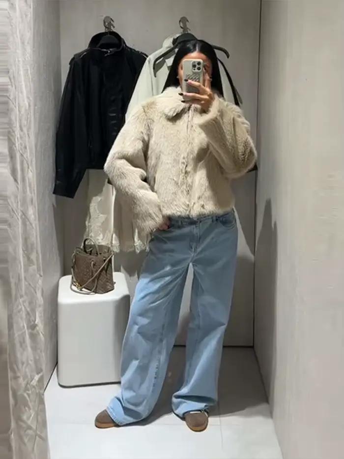 Chic Double face fourrure veste femme revers couleur unie fermeture éclair manches longues manteau droit décontracté polyvalent femmes nouvelles vestes chaudes