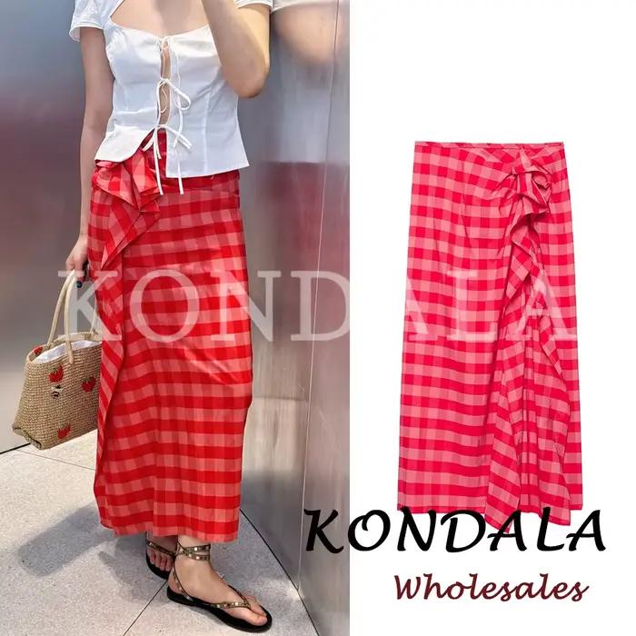 Jupe d'été asymétrique à carreaux rouges KONDALA Chic Streetwear