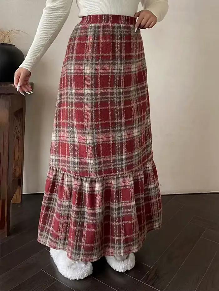 Jupe trapèze amincissante à taille haute à carreaux rouges pour femmes grandes tailles – Parfaite pour les tenues du