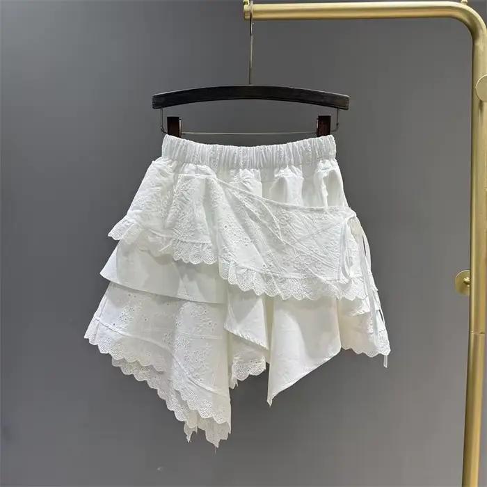 Été 2025 blanc asymétrique dentelle jupe femmes décontracté doux taille haute a-ligne Mini