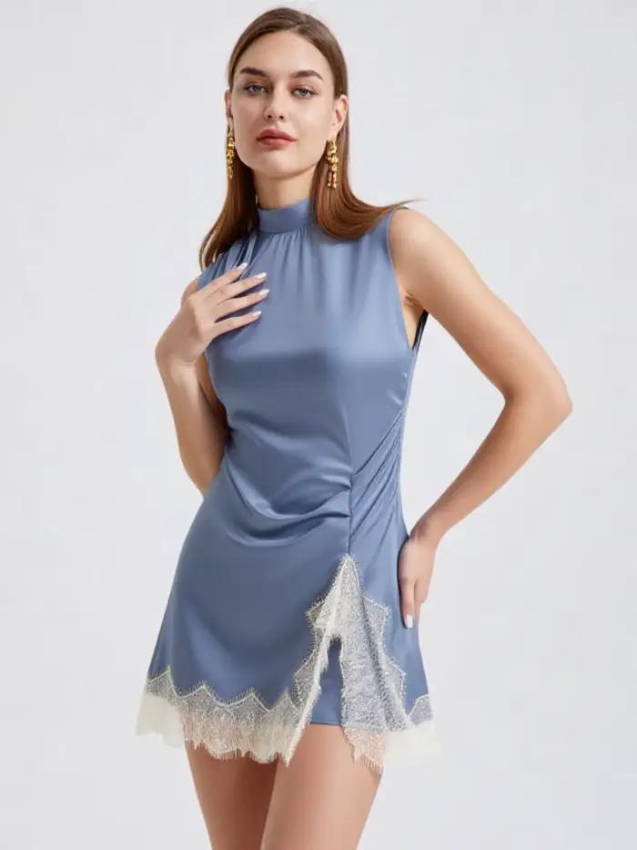 Robes pour femmes, robe bleue élégante pour femmes, col haut, sans manches, avec ourlet en dentelle à volants, robe mini slim fit automne hiver, marque