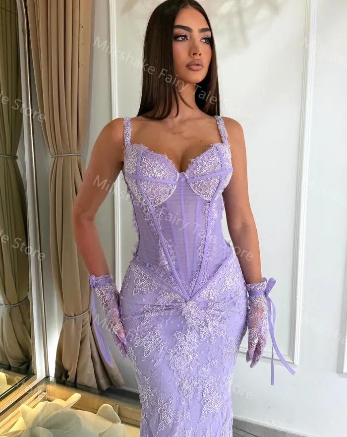 Robes de soirée lavande glamour en dentelle complète sans manches pour femmes, robes de bal longues style sirène, robes personnalisées pour occasions spéciales