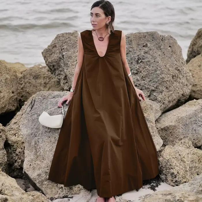 Robe longue décontractée et élégante en lin sans manches pour femme