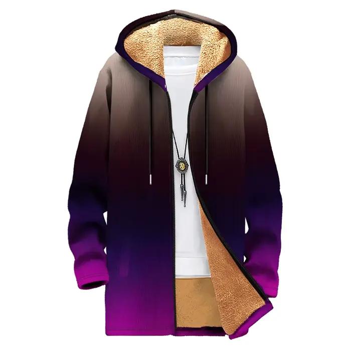 Parka longue d'hiver imprimée, manteaux Cardigan doublés en polaire, couleurs tendance, dégradé, veste à capuche, vêtements d'extérieur chauds, surdimensionnés pour hommes et femmes