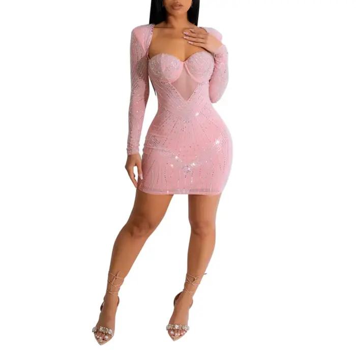 Femmes strass Mini robe élégante soirée Sexy Shrot robe fête d'anniversaire Cocktail Club Halloween tenues de fête