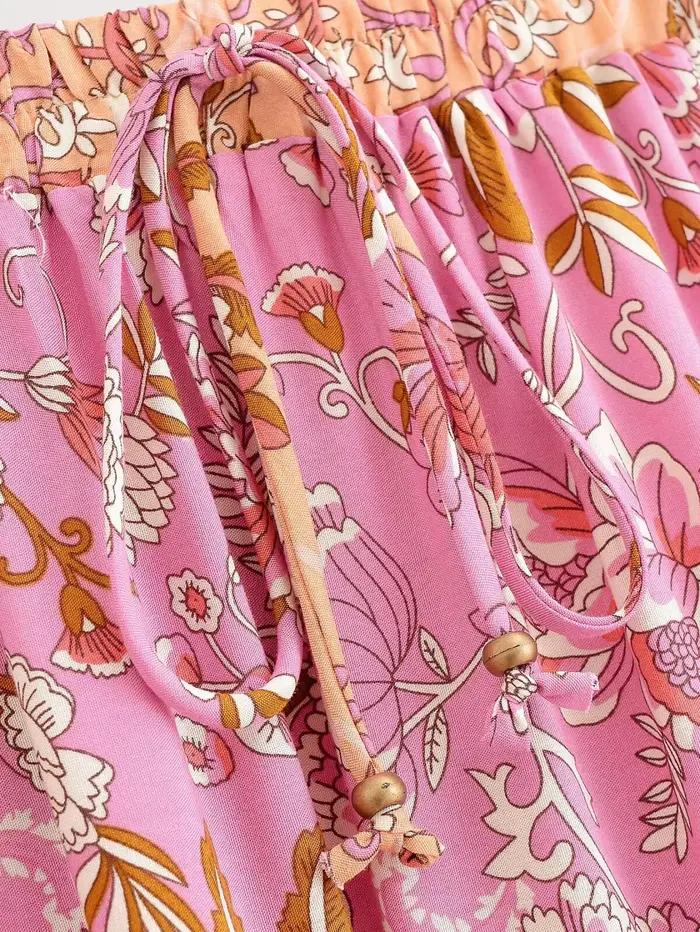 2025 BOHO rose contraste imprimé fleuri Maxi jupe longue épissé à volants ourlet Hippie femmes boule gland nœud taille balançoire jupes vacances