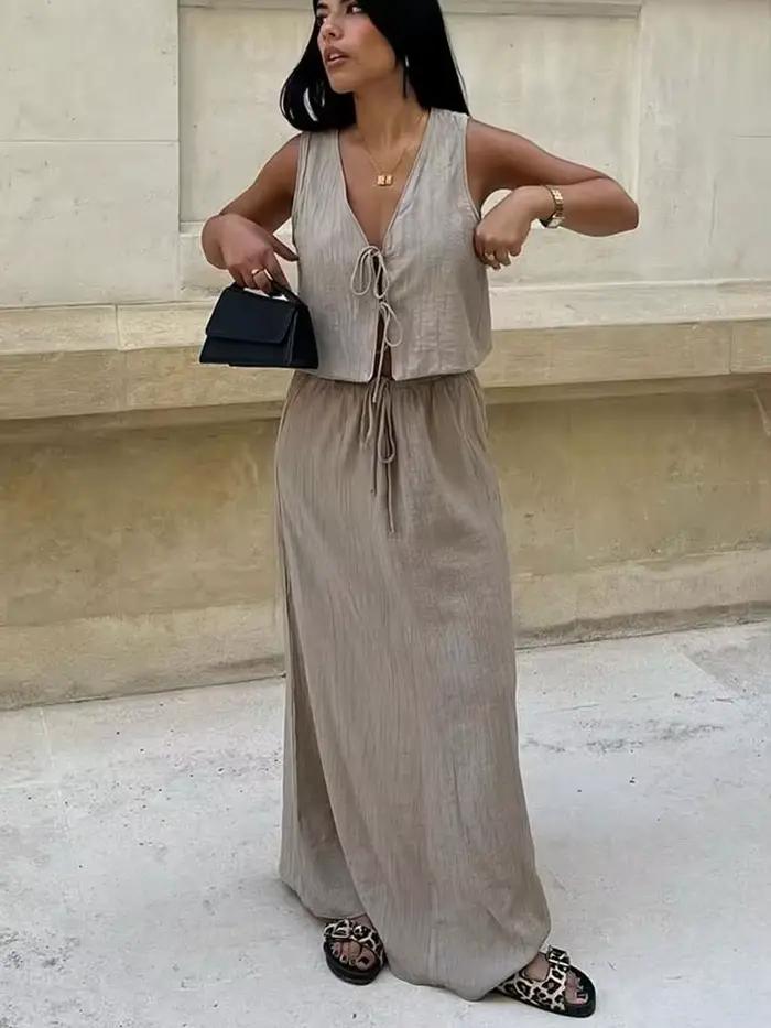 HH femmes été élégant a-ligne plissée jupe Midi mode solide cordon taille haute jupes femme robe longue décontractée
