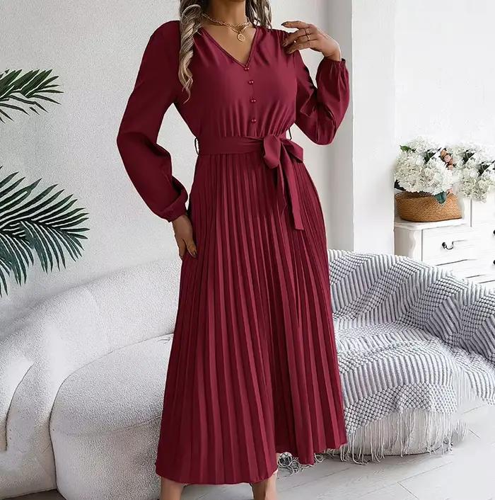 Femmes automne printemps jupe longue robe élégante col en V boutonné à lacets plissé décontracté à manches longues dame