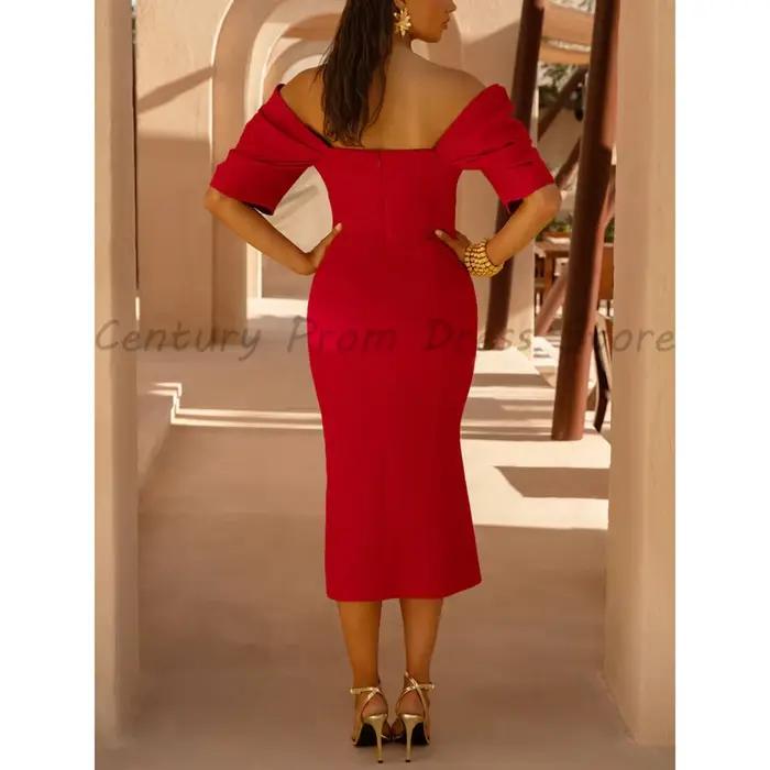Robe de cocktail rouge mi-longue à épaules dénudées, manches courtes à volants, col en V profond, fente haute, moulante, pour invitées de mariage et soirées