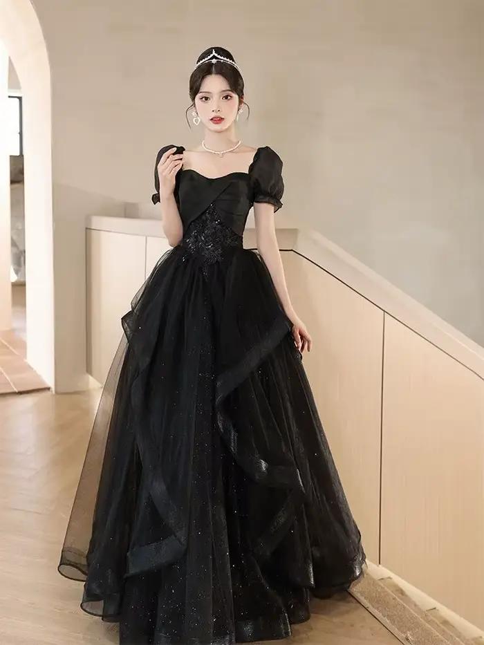 Robe de Soirée Longue Noire pour Femme, Tenue Française, Haut de Gamme, Manches Bouffantes, Demoiselle d'Honneur, Mariage, Nouvelle Collection