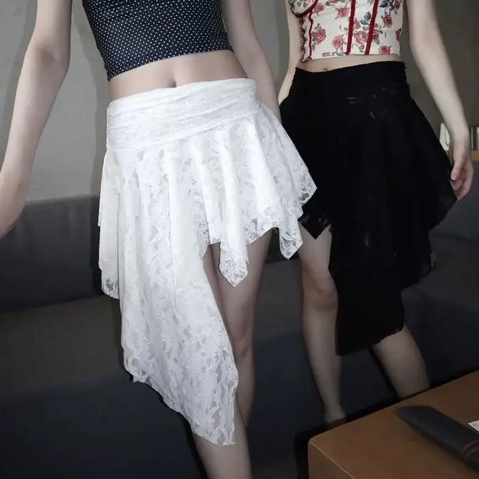 Jupe mi-longue en dentelle superposée de Style français avec ourlet asymétrique