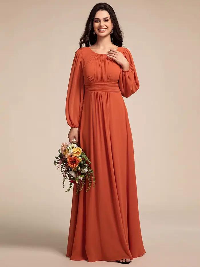 Robes de soirée élégantes, longues, à manches longues, col rond, en mousseline de soie, longueur au sol, Ever Pretty, couleur orange brûlé, robe de bal pour femmes