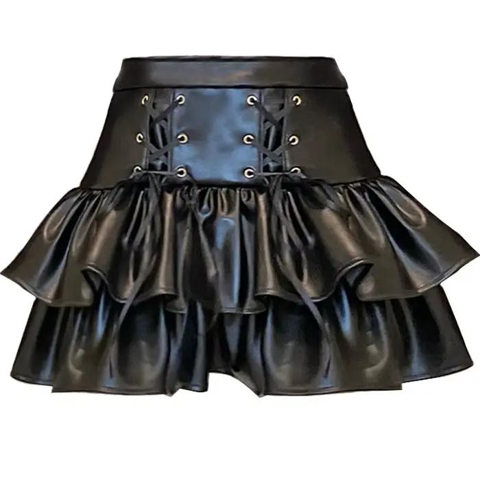 Jupe courte en cuir noir à lacets Lautaro pour femme