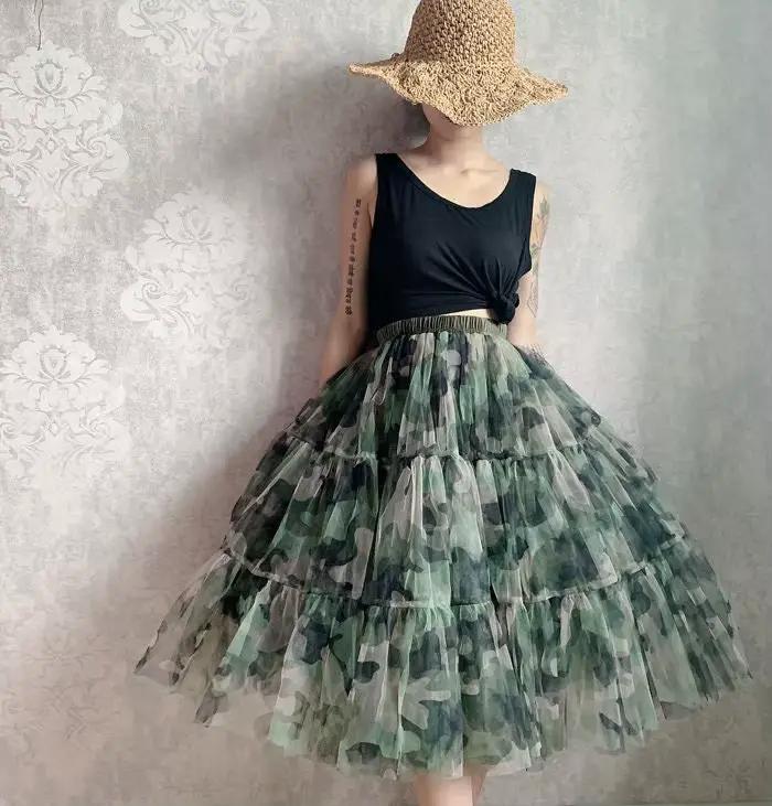 Jupe longue camouflage A-Line en tulle de style coréen vert armée avec ceinture élastique pour femmes multicolore et polyvalente midi maxi